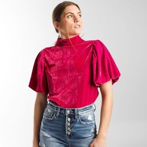 Free People Claudia Hot Pink Velvet Top with Puff Sleeves